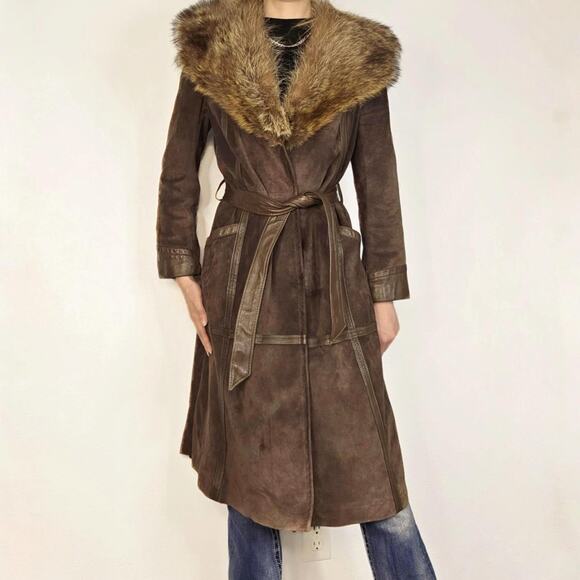70s Real Fur Collar Suede Trench Coat Vintage Brown Long Boho Penny Lane Belt